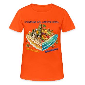 Ich nehm die rechte Insel – Obstküste vs Bierküste - Frauen T-Shirt atmungsaktiv - Neonorange - Vorne - AI Model Female 172 dark (172cm)
