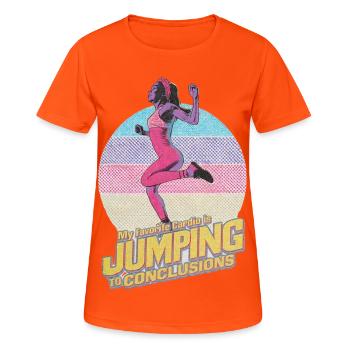 Lustiges 80er-Jahre-Fitness-Überdenk-T-Shirt – Springen - Frauen T-Shirt atmungsaktiv - Neonorange - Vorne - AI Model Female 172 dark (172cm)