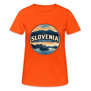Retro-Slowenien-Lake Bled-Abzeichen - Frauen T-Shirt atmungsaktiv - Neonorange - Vorne - AI Model Female 172 dark (172cm)