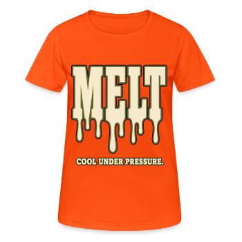 MELT – Refroidir sous pression | Humour sur le stress - T-shirt respirant Femme - orange néon - Devant - AI Model Female 172 dark (172cm)