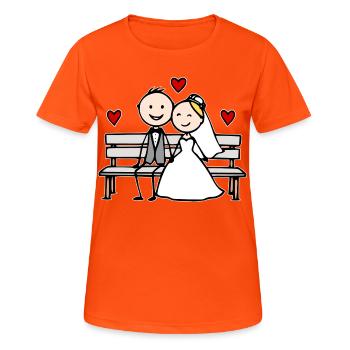 Caricature du couple de mariés sur le banc - T-shirt respirant Femme - orange néon - Devant - AI Model Female 172 dark (172cm)