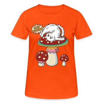 Cat doing yoga on big toadstool - Women's Breathable T-Shirt - neon orange - Front - AI Model Female 172 dark (172cm)