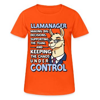 Llamanager Chef Schäff | Chef d’équipe | Directeur général - T-shirt respirant Femme - orange néon - Devant - AI Model Female 172 dark (172cm)