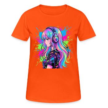 Portrait d’écouteurs anime néon - T-shirt respirant Femme - orange néon - Devant - AI Model Female 172 dark (172cm)