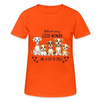 Hinter jeder guten Frau stehen viele Hunde - Frauen T-Shirt atmungsaktiv - Neonorange - Vorne - AI Model Female 172 dark (172cm)