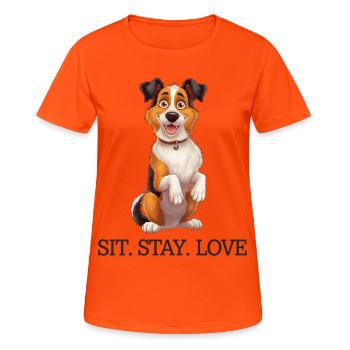 Produits dérivés pour chiens Border Collie Tri-Color Sit Stay Love 2 - T-shirt respirant Femme - orange néon - Devant - AI Model Female 172 dark (172cm)
