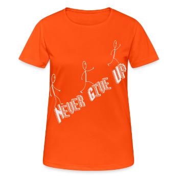 Never give up, Spruch Lauf weiter Strichmännchen  - Frauen T-Shirt atmungsaktiv - Neonorange - Vorne - AI Model Female 172 dark (172cm)