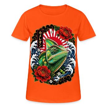 Chamäleon im japanischen Irezumi Tattoo Stil - Frauen T-Shirt atmungsaktiv - Neonorange - Vorne - AI Model Female 172 dark (172cm)