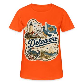 Delaware The First State Vintage-Aufkleber - Frauen T-Shirt atmungsaktiv - Neonorange - Vorne - AI Model Female 172 dark (172cm)