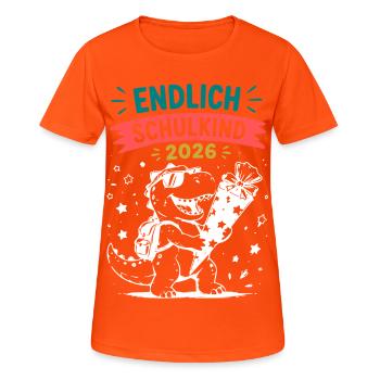 Endlich Schulkind 2026 Dino - Frauen T-Shirt atmungsaktiv - Neonorange - Vorne - AI Model Female 172 dark (172cm)