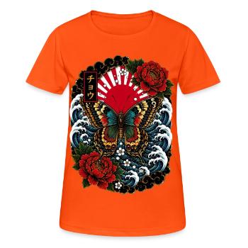 Schmetterling im japanischen Irezumi Stil - Frauen T-Shirt atmungsaktiv - Neonorange - Vorne - AI Model Female 172 dark (172cm)