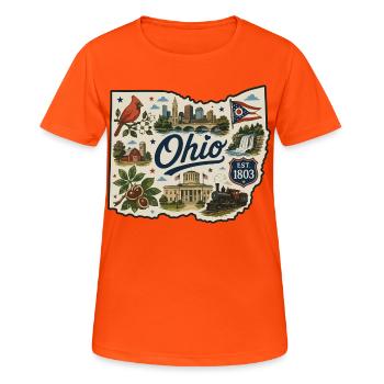 Ohio Buckeye State Vintage-Reiseaufkleber - Frauen T-Shirt atmungsaktiv - Neonorange - Vorne - AI Model Female 172 dark (172cm)