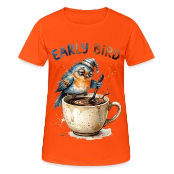 Early Bird Tired Grumpy Coffee Bird Cartoon Art - Frauen T-Shirt atmungsaktiv - Neonorange - Vorne - AI Model Female 172 dark (172cm)