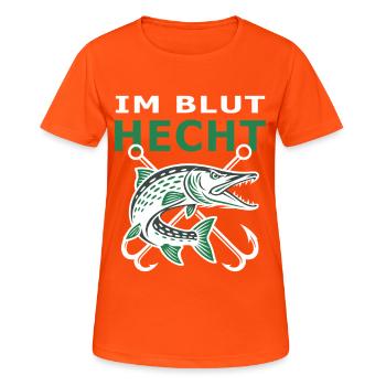 Hecht im Blut – Hechtangler Raubfisch Motiv - Frauen T-Shirt atmungsaktiv - Neonorange - Vorne - AI Model Female 172 dark (172cm)