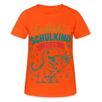 Endlich Schulkind 2026 Dino - Frauen T-Shirt atmungsaktiv - Neonorange - Vorne - AI Model Female 172 dark (172cm)