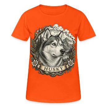 Husky im Vintage Stil mit Berglandschaft - Frauen T-Shirt atmungsaktiv - Neonorange - Vorne - AI Model Female 172 dark (172cm)