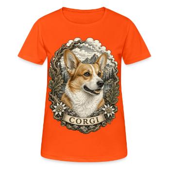 Vintage style corgi with mountain landscape - Women's Breathable T-Shirt - neon orange - Front - AI Model Female 172 dark (172cm)