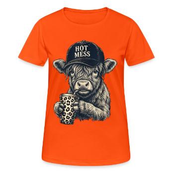 Hot Mess Cow with Leopard Mug - Women's Breathable T-Shirt - neon orange - Front - AI Model Female 172 dark (172cm)