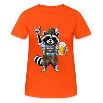 Waschbär in Lederhose mit Bier und Rockgruß - Frauen T-Shirt atmungsaktiv - Neonorange - Vorne - AI Model Female 172 dark (172cm)
