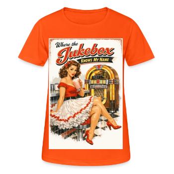 Pin-up de diner des années 50 : Où le juke-box - T-shirt respirant Femme - orange néon - Devant - AI Model Female 172 dark (172cm)