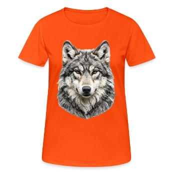 Wolf Head Portrait in Wool the Wolf - Women's Breathable T-Shirt - neon orange - Front - AI Model Female 172 dark (172cm)