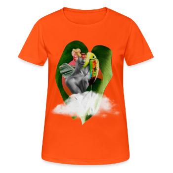 Collage exotique surréaliste avec perroquet et feuilles - T-shirt respirant Femme - orange néon - Devant - AI Model Female 172 dark (172cm)