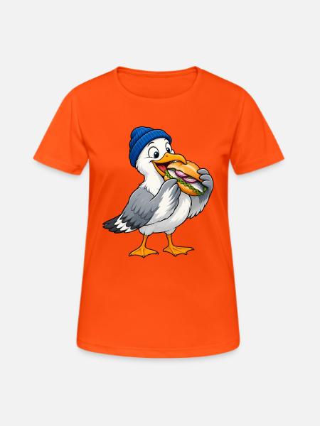 Möwe mit Beanie & Fischbrötchen – Küste - Frauen T-Shirt atmungsaktiv - Neonorange