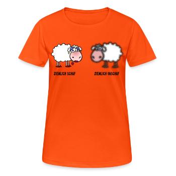 Schaf und Unschaf | Wortspiel - Frauen T-Shirt atmungsaktiv - Neonorange - Vorne - AI Model Female 172 dark (172cm)