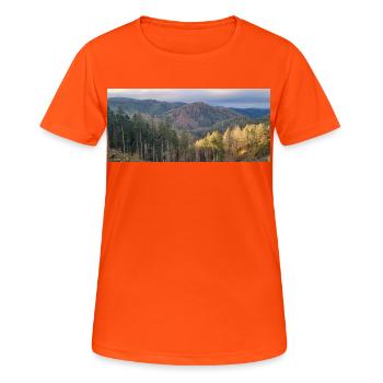 Herbstliche Waldlandschaft mit Sonnenlicht - Frauen T-Shirt atmungsaktiv - Neonorange - Vorne - AI Model Female 172 dark (172cm)