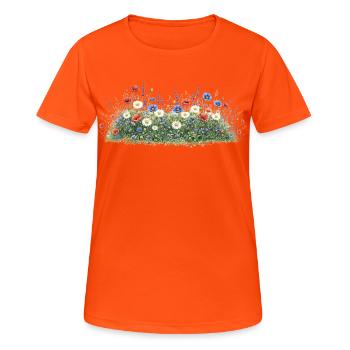 Bunte Wildblumenwiese mit Margeriten - Frauen T-Shirt atmungsaktiv - Neonorange - Vorne - AI Model Female 172 dark (172cm)