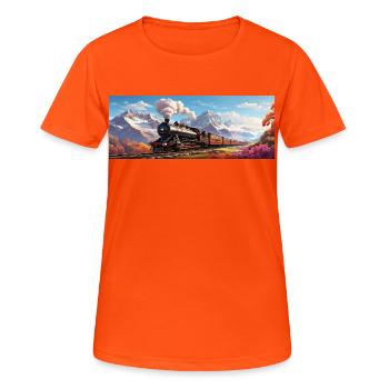 Nostalgischer Eisenbahnzug mit Dampflokomotive - Frauen T-Shirt atmungsaktiv - Neonorange - Vorne - AI Model Female 172 dark (172cm)