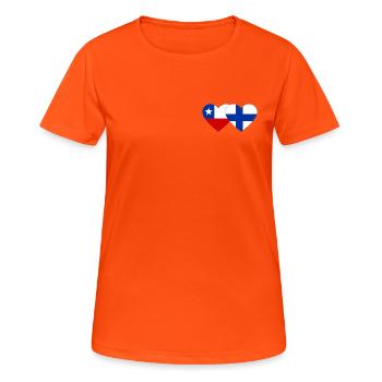 Chile Finnland Flagge Herz - Frauen T-Shirt atmungsaktiv - Neonorange - Vorne - AI Model Female 172 dark (172cm)