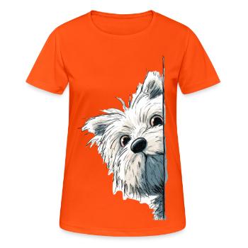 Peeking Westie Terrier Süßes Hundeliebhaber-Merch - Frauen T-Shirt atmungsaktiv - Neonorange - Vorne - AI Model Female 172 dark (172cm)