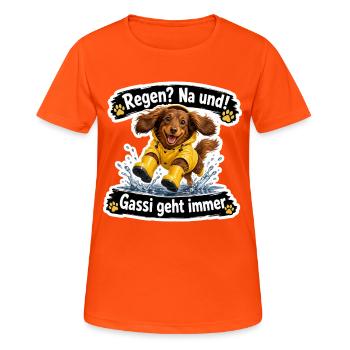 Regen? Na und! – Gassi geht immer - Frauen T-Shirt atmungsaktiv - Neonorange - Vorne - AI Model Female 172 dark (172cm)