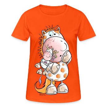 Pferd mit Einhorn Kuscheltier Cartoon  - Frauen T-Shirt atmungsaktiv - Neonorange - Vorne - AI Model Female 172 dark (172cm)