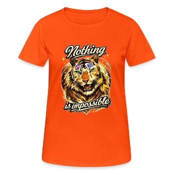 Tiger im Farbenzauber – Nothing is Impossible - Women's Breathable T-Shirt - neon orange - Front - AI Model Female 172 dark (172cm)