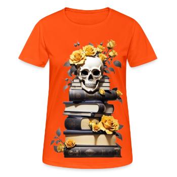 Bücherstapel mit Schädel - Frauen T-Shirt atmungsaktiv - Neonorange - Vorne - AI Model Female 172 dark (172cm)