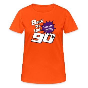 90er Party , Mottoparty , forever Young (25) - Frauen T-Shirt atmungsaktiv - Neonorange - Vorne - AI Model Female 172 dark (172cm)
