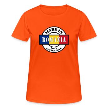MADE IN ROMANIA geboren in Rumänien Geschenk - Frauen T-Shirt atmungsaktiv - Neonorange - Vorne - AI Model Female 172 dark (172cm)