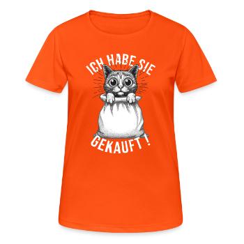 Sprichwort Katze Im Sack kaufen - Frauen T-Shirt atmungsaktiv - Neonorange - Vorne - AI Model Female 172 dark (172cm)