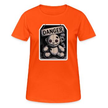 Unheimliche Puppe mit Gefahrenschild - Frauen T-Shirt atmungsaktiv - Neonorange - Vorne - AI Model Female 172 dark (172cm)