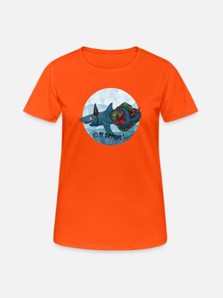 Geburtstagshai mit Geschenk - Frauen T-Shirt atmungsaktiv - Neonorange