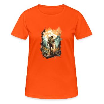 Mountain Trekker bei Sonnenuntergang - Frauen T-Shirt atmungsaktiv - Neonorange - Vorne - AI Model Female 172 dark (172cm)