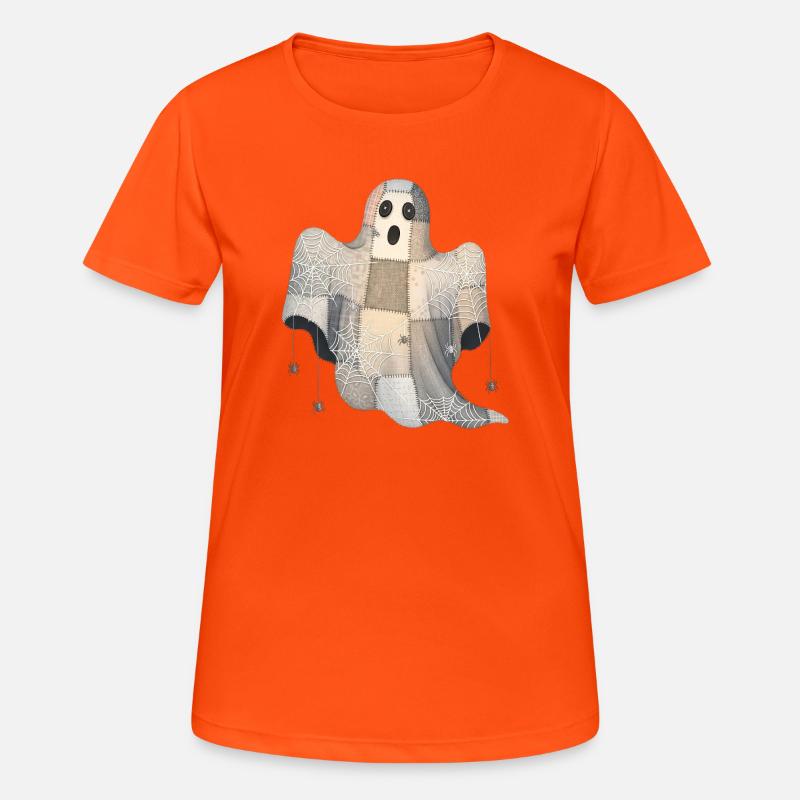 Patchwork Ghost with Spider Webs - Women's Breathable T-Shirt - neon orange