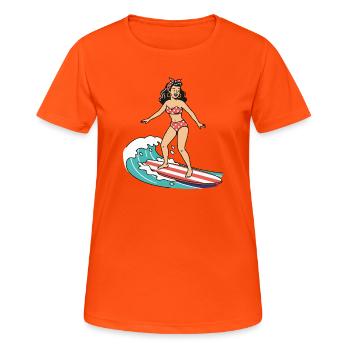 Pin-up sur une planche de surf - T-shirt respirant Femme - orange néon - Devant - AI Model Female 172 dark (172cm)