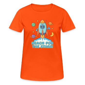 Raketenreise zu den Sternen – Strebe nach den Sternen - Frauen T-Shirt atmungsaktiv - Neonorange - Vorne - AI Model Female 172 dark (172cm)