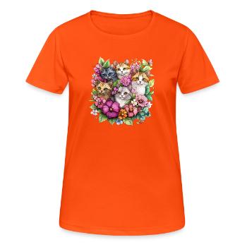 Katzen im Blumengarten - Frauen T-Shirt atmungsaktiv - Neonorange - Vorne - AI Model Female 172 dark (172cm)