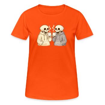 Cozy Skelett Paar mit Tassen – Warme Momente - Frauen T-Shirt atmungsaktiv - Neonorange - Vorne - AI Model Female 172 dark (172cm)