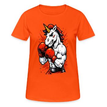 Illustration von Angry Unicorn Boxpower - Frauen T-Shirt atmungsaktiv - Neonorange - Vorne - AI Model Female 172 dark (172cm)
