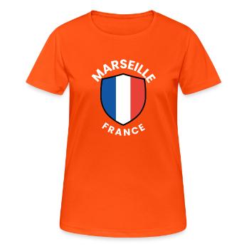 Marseille France Crest Tee - Frauen T-Shirt atmungsaktiv - Neonorange - Vorne - AI Model Female 172 dark (172cm)
